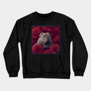 Dogs, sharpei dog and flowers, dog, style vector (Red version 2 sharpei) Crewneck Sweatshirt